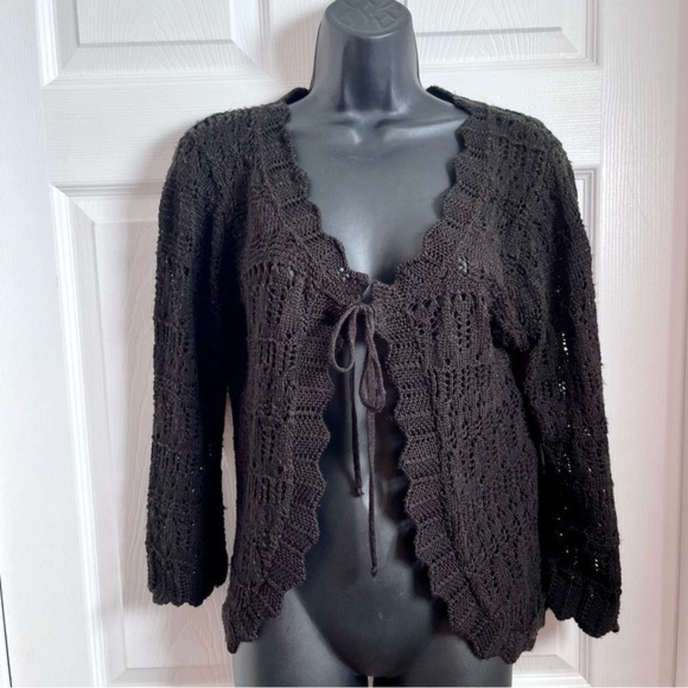 Vintage Spunky Made In USA Cardigan Knit Open Tie front Black Medium Women